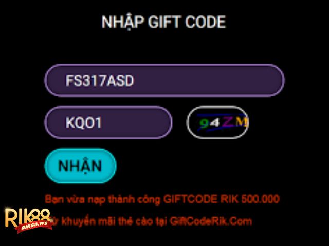 Nhận mã giftcode Rik88 từ nhà phát hành